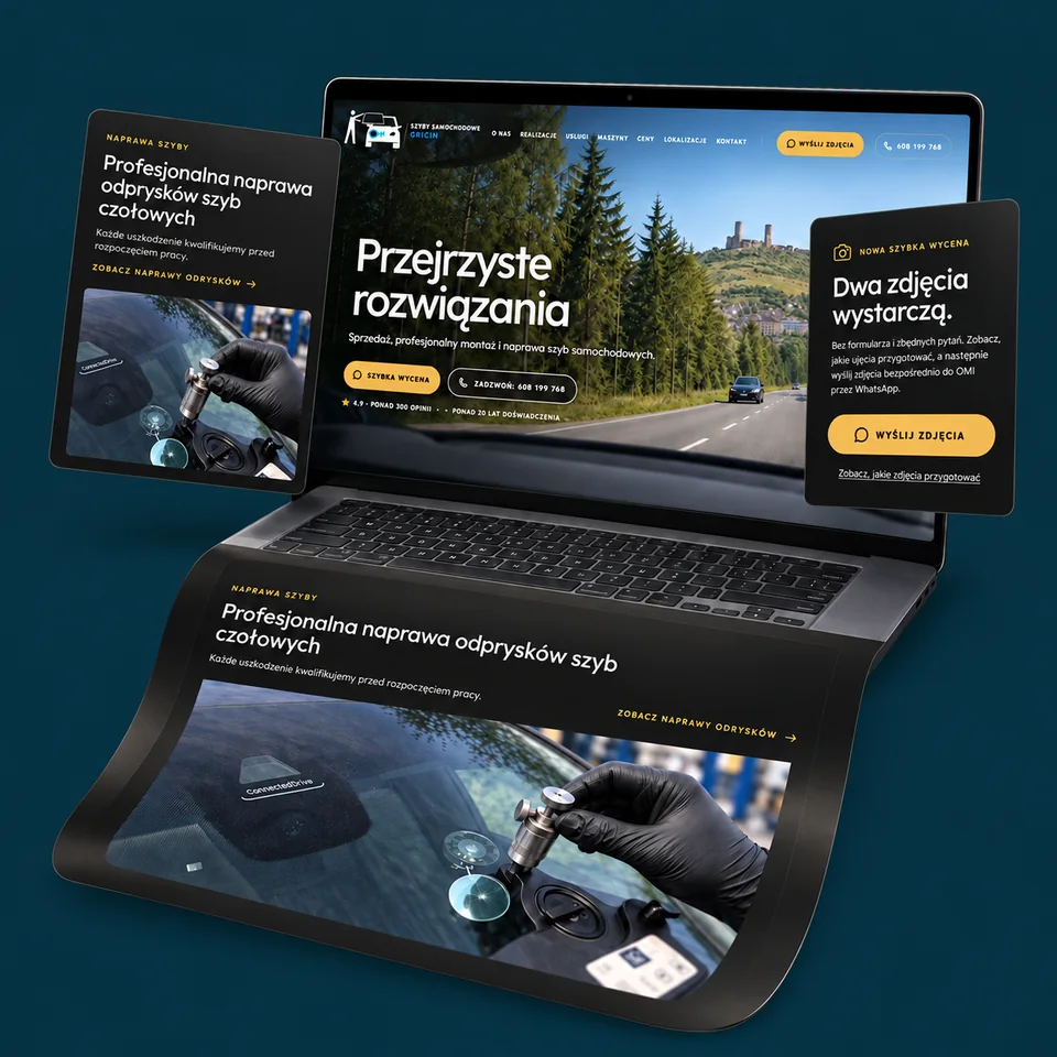 Mockup realizacji Autoszyby Chęciny: laptop z modułami naprawy i wyceny wysuniętymi przed ekran