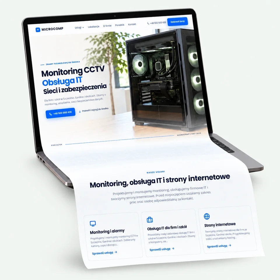 Mockup Microcomp: strona płynnie wychodząca z ekranu laptopa