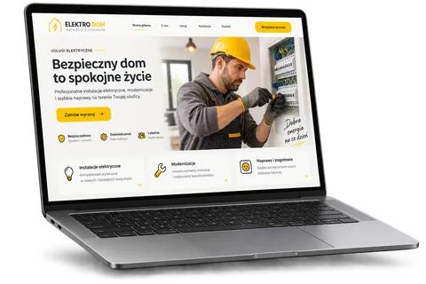 Poglądowa makieta 3D laptopa ze stroną firmy elektrycznej: oferta, usługi i kontakt.