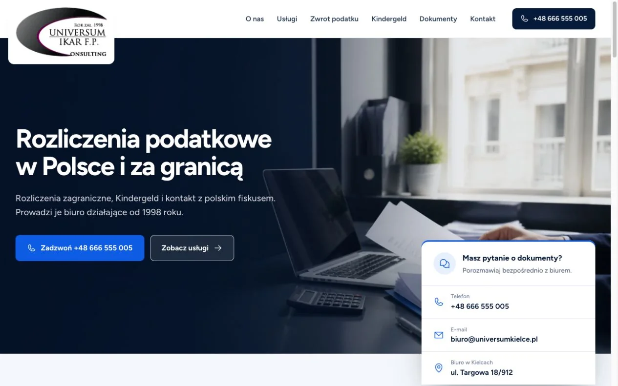 Strona universumkielce.pl — aktualny widok na komputerze